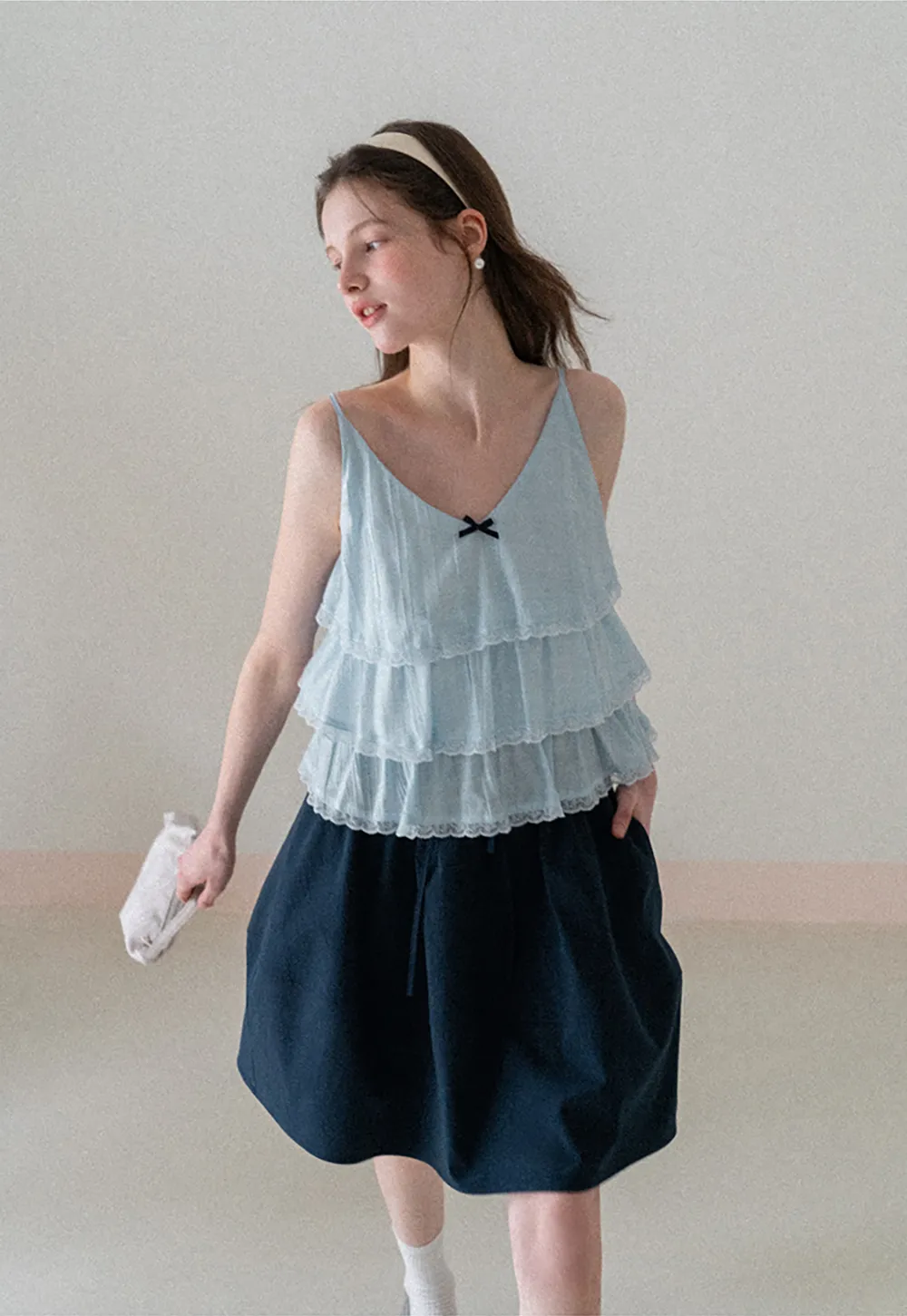 A-line skirt with drawstring waist and layered hem