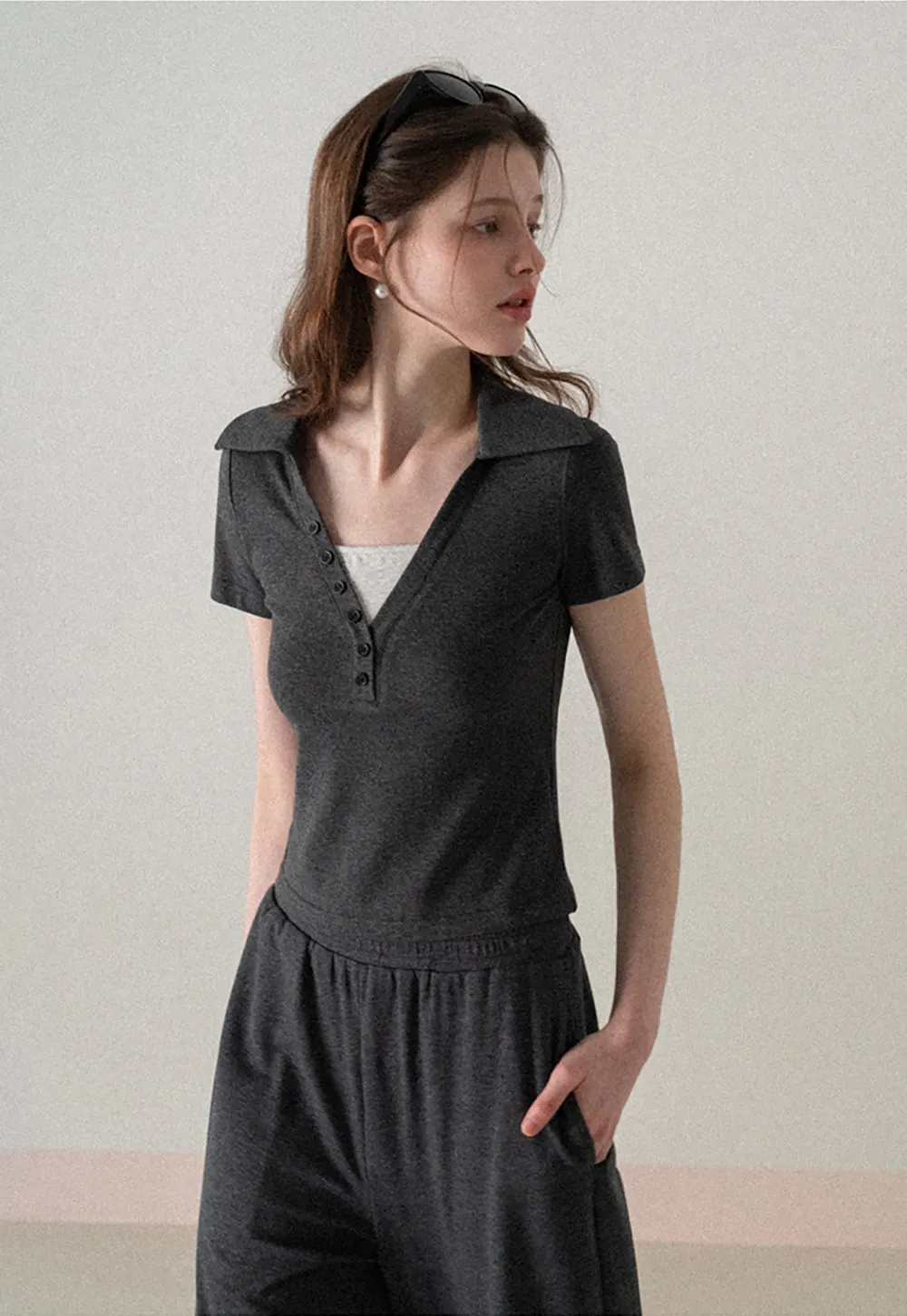 Polo shirt with buttons and wide leg casual pants