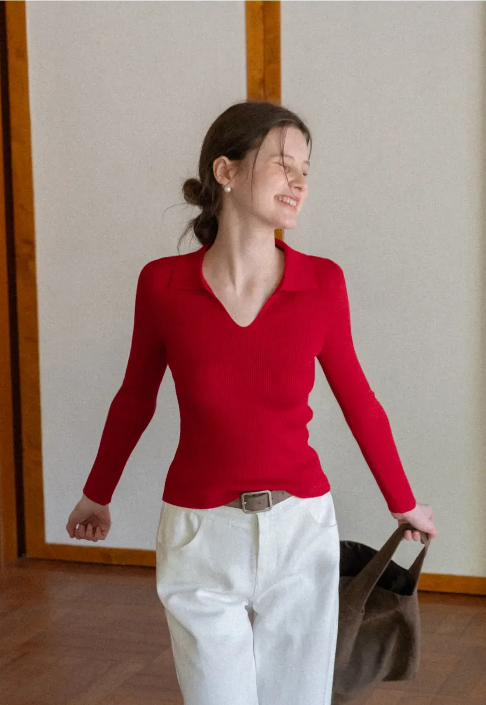 Ribbed Knit Long Sleeve Polo Neck Sweater