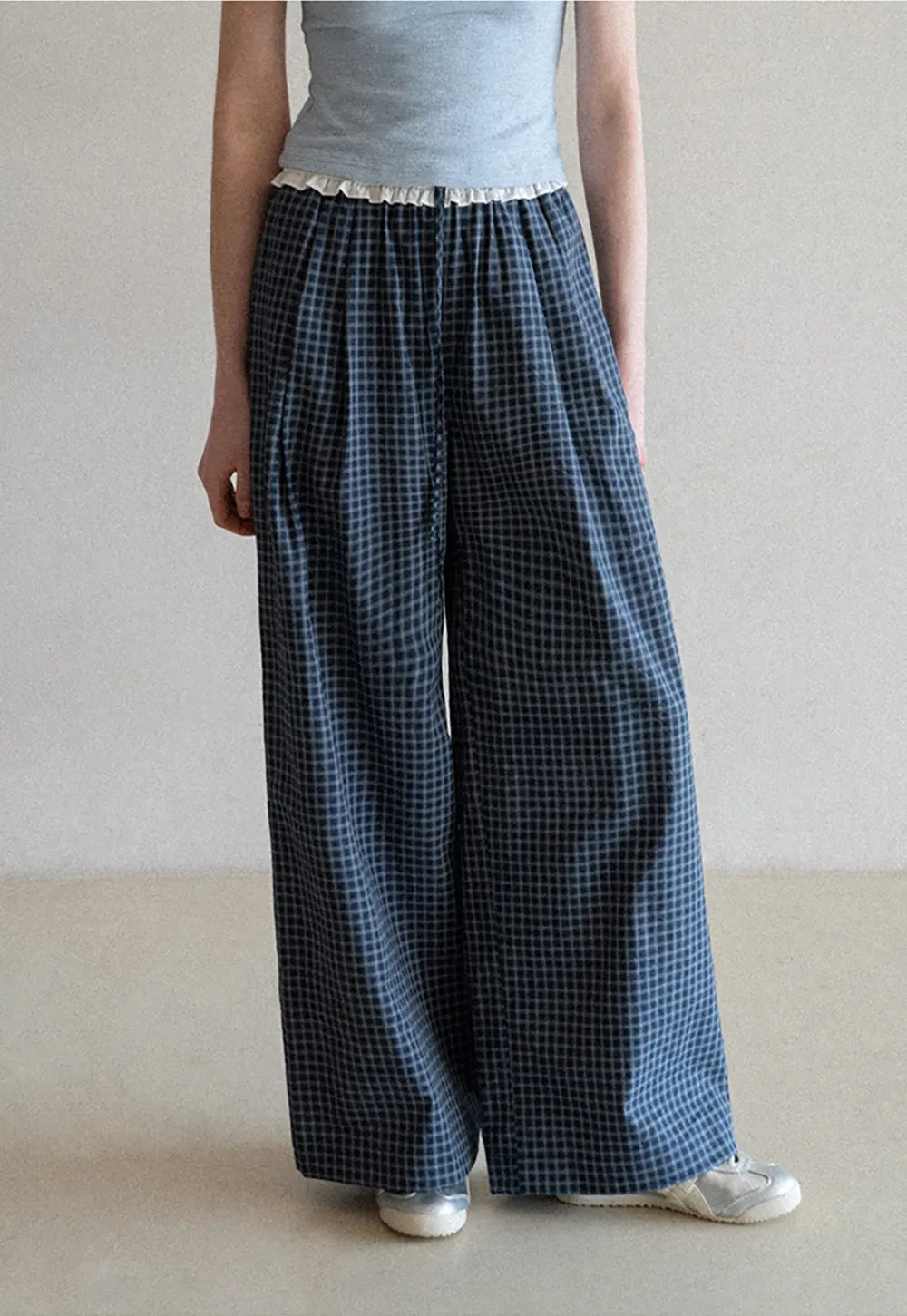 Wide Leg Plaid Casual Pants with Ruffled Waistband