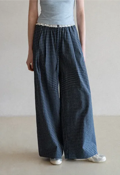 Wide Leg Plaid Casual Pants with Ruffled Waistband