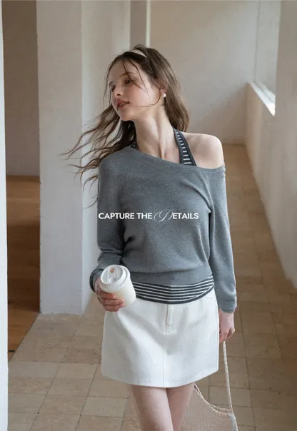 Off Shoulder Long Sleeve Knit Sweater with Striped Trim