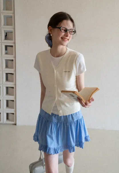 Knitted Vest with Button Closure and Embroidery