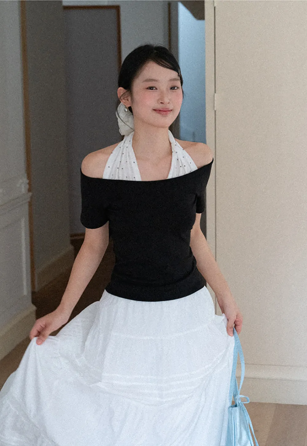 Off shoulder short sleeve top with halter neck detail