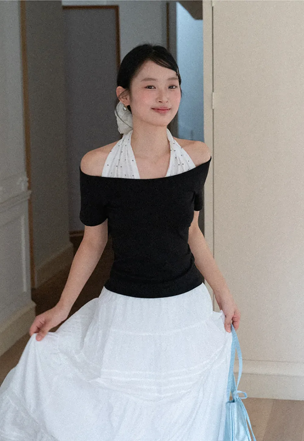 Off shoulder short sleeve top with halter neck detail