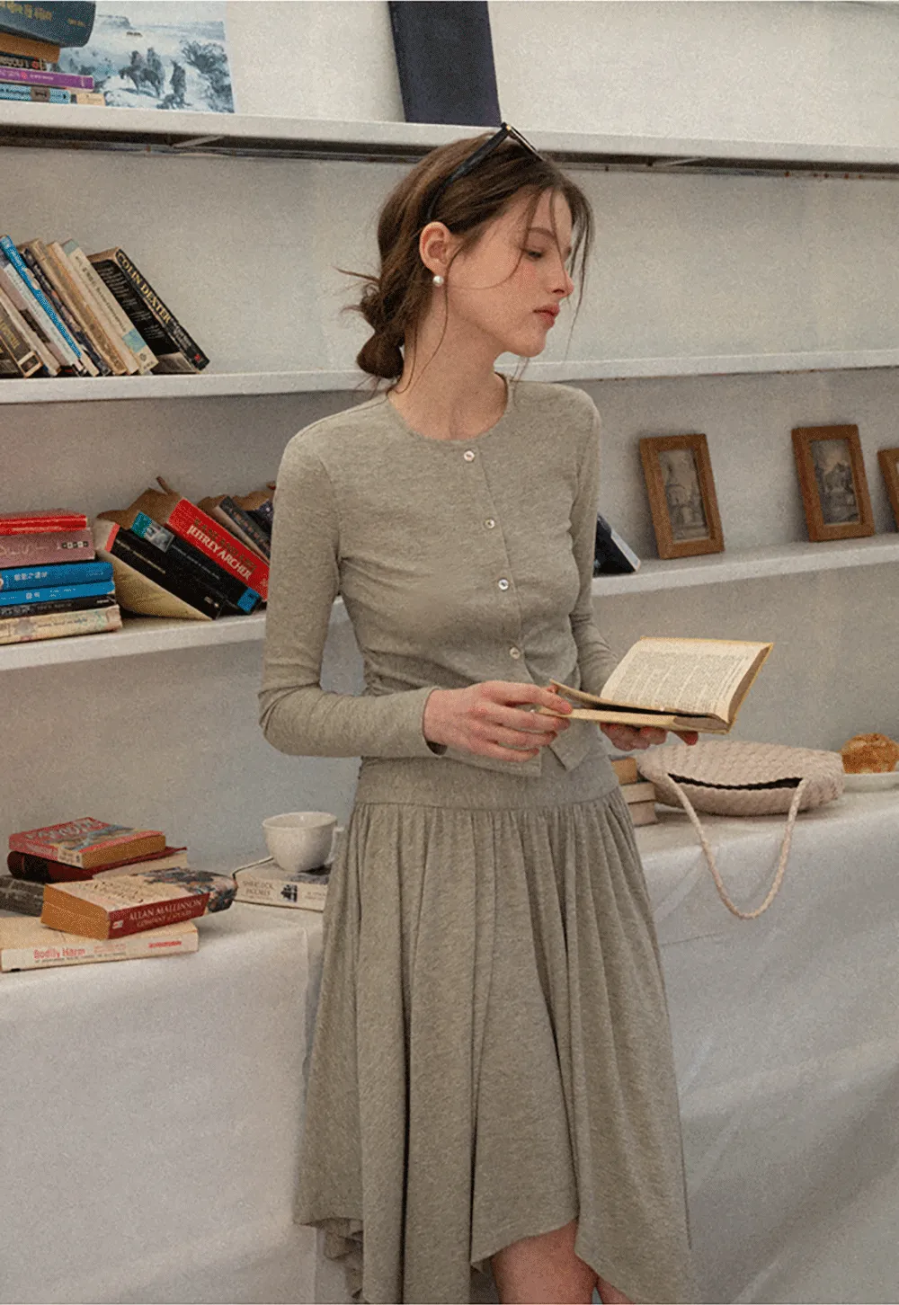 Long sleeve button front top and asymmetrical skirt