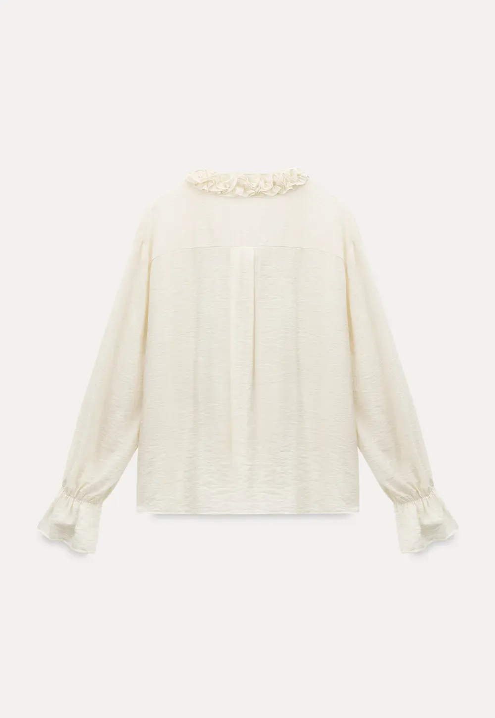 Long sleeve shirt with ruffled neckline and gathered cuffs