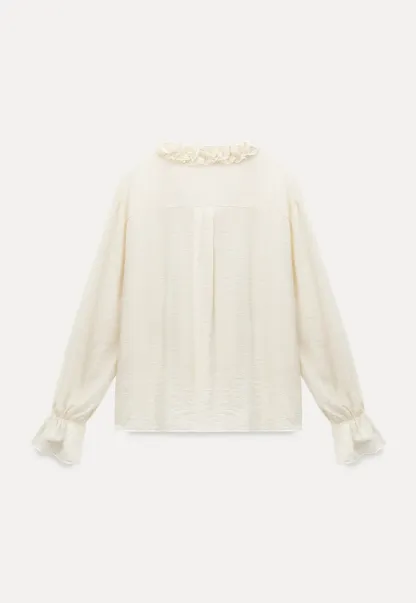 Long sleeve shirt with ruffled neckline and gathered cuffs