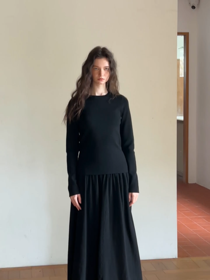 Women Black Long Sleeve Top and High-Waisted Skirt Set