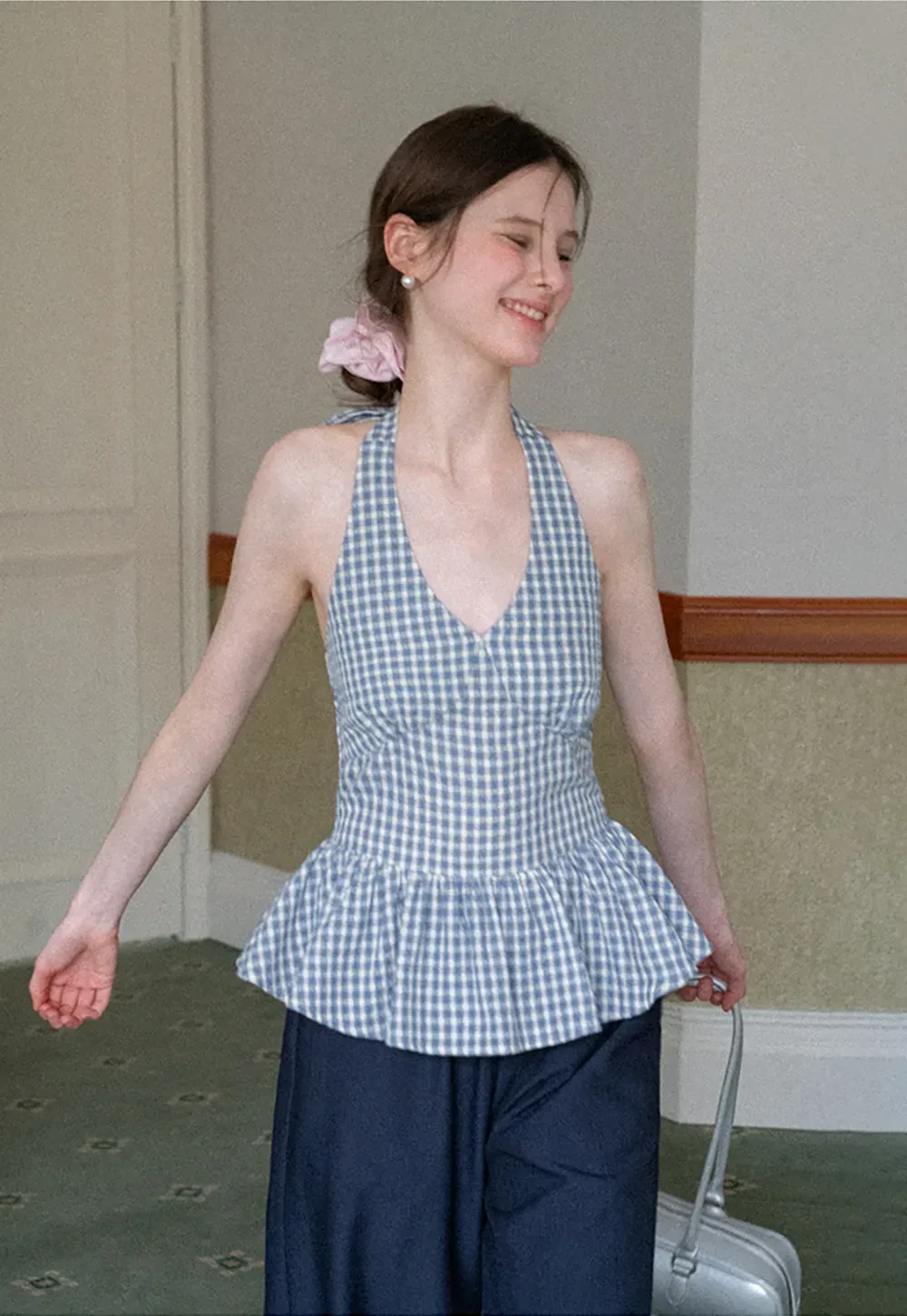 Gingham Halter Neck Peplum Top