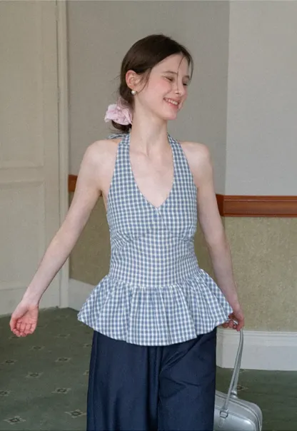 Gingham Halter Neck Peplum Top