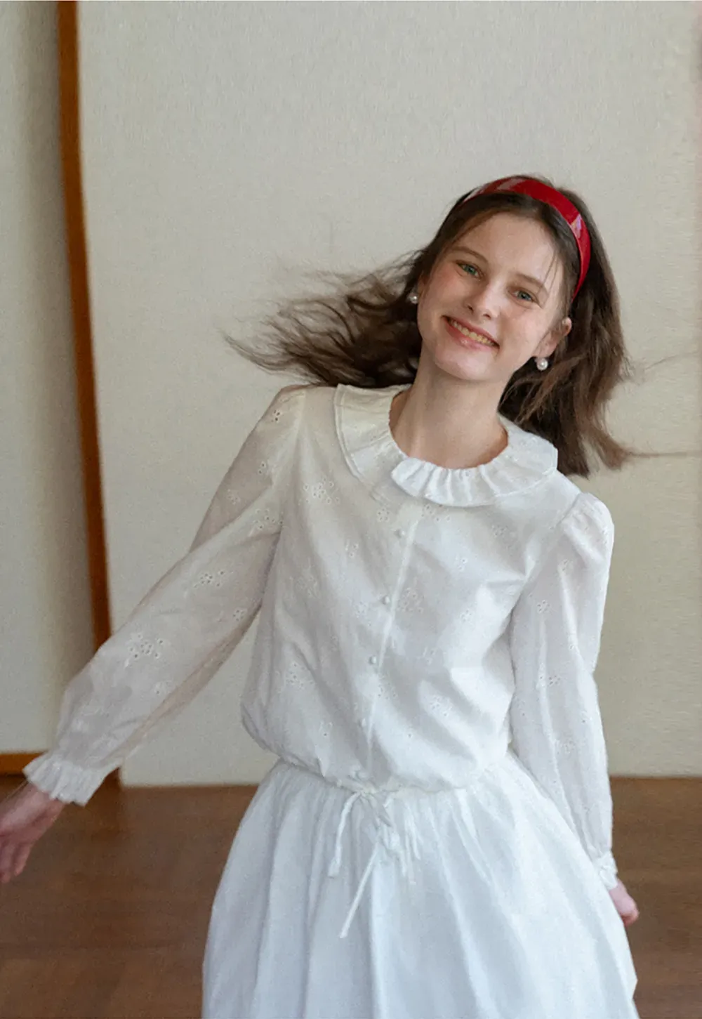 Ruffled Collar Long Sleeve Button Up Shirt