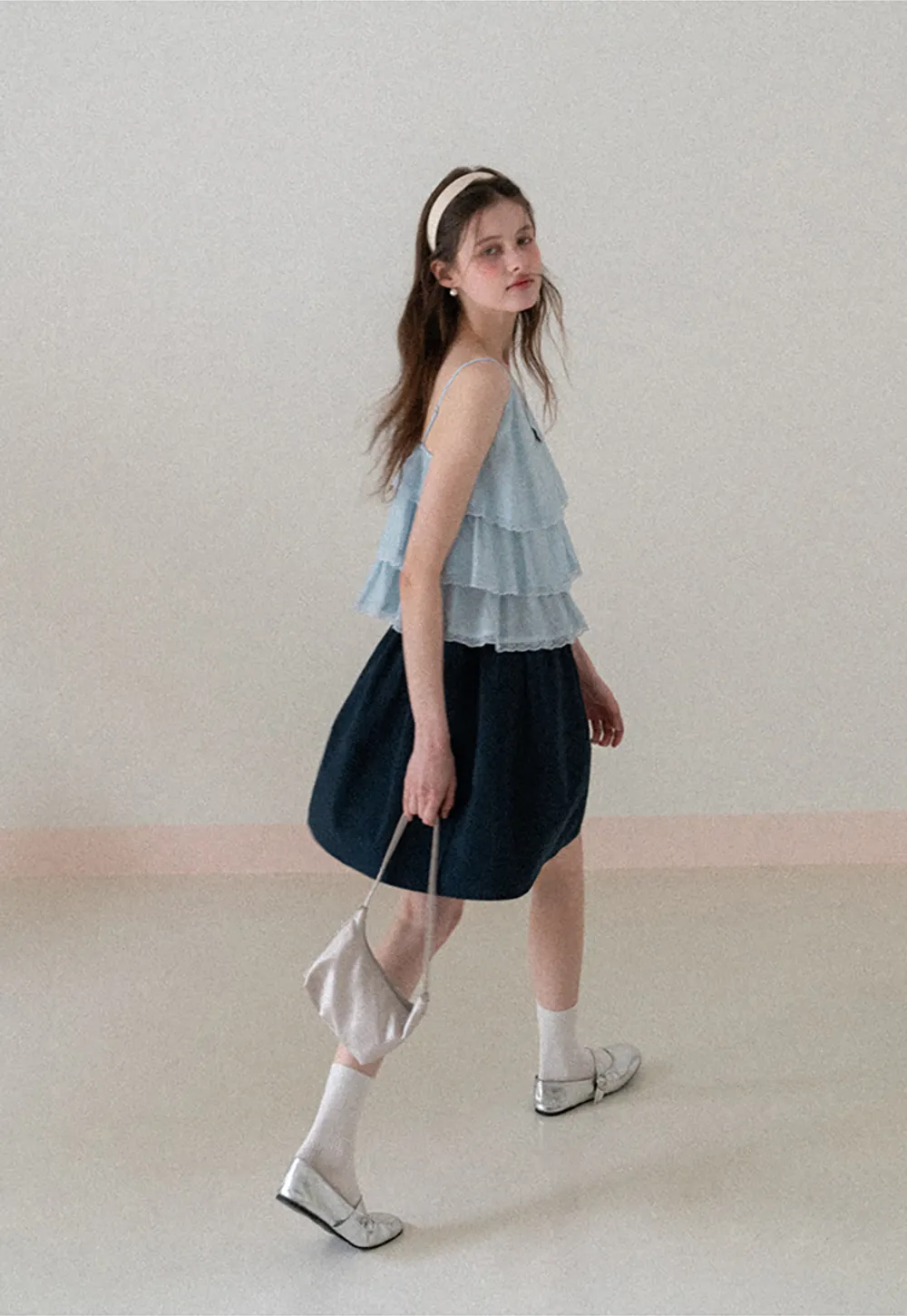 A-line skirt with drawstring waist and layered hem