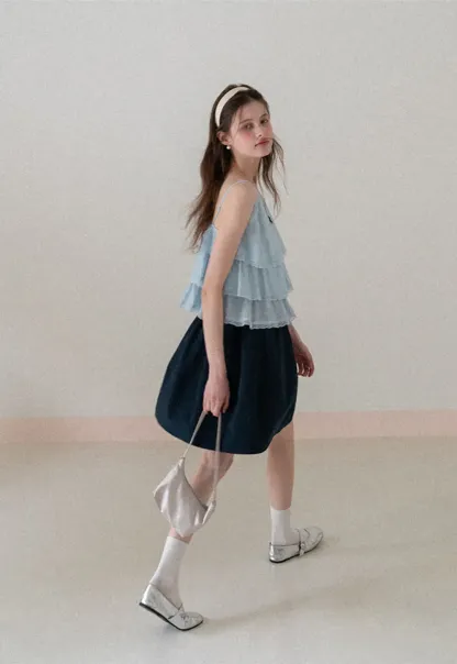 A-line skirt with drawstring waist and layered hem