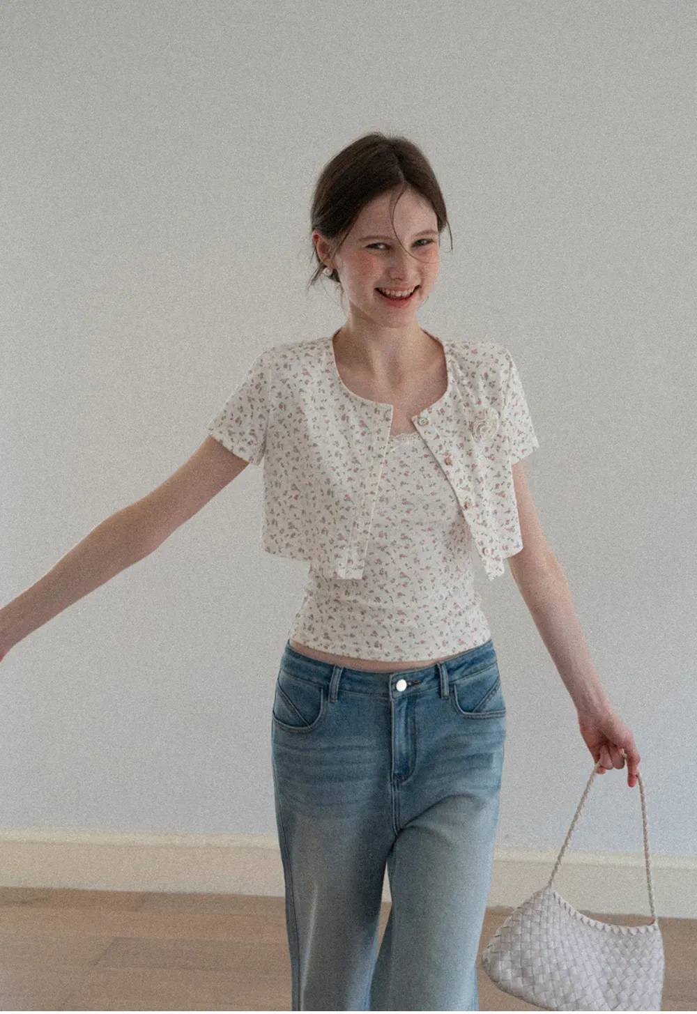 Short sleeve floral print top and tank top set