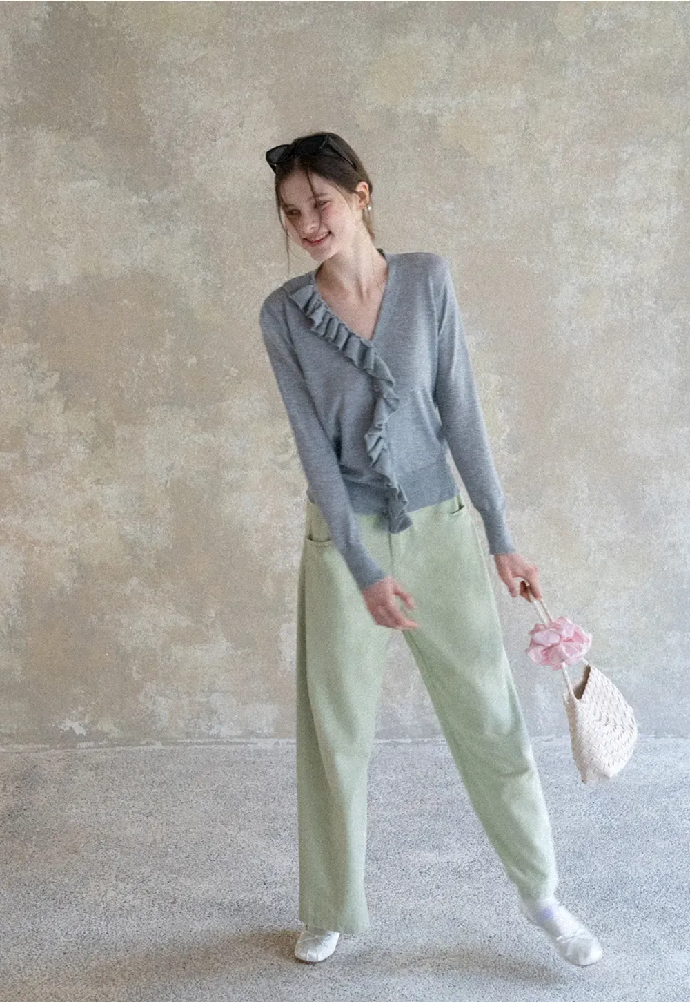 Lightweight Long Sleeve Knit Sweater with Ruffled Trim