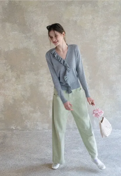 Lightweight Long Sleeve Knit Sweater with Ruffled Trim