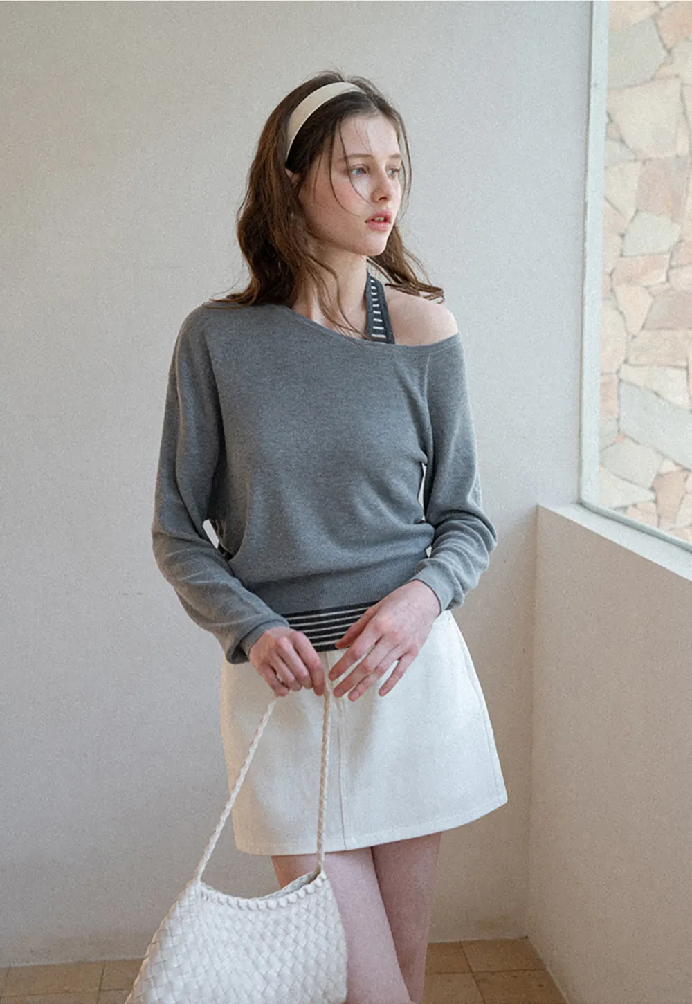 Off Shoulder Long Sleeve Knit Sweater with Striped Trim