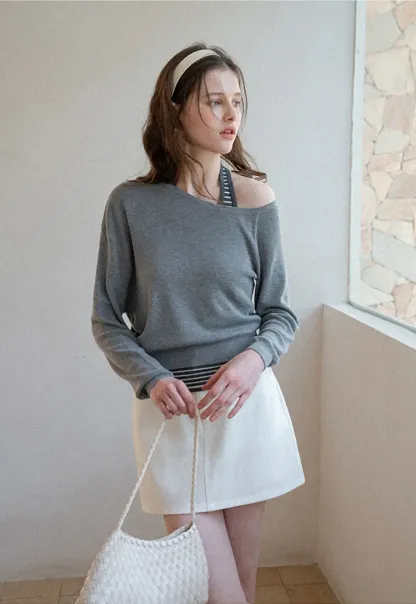 Off Shoulder Long Sleeve Knit Sweater with Striped Trim