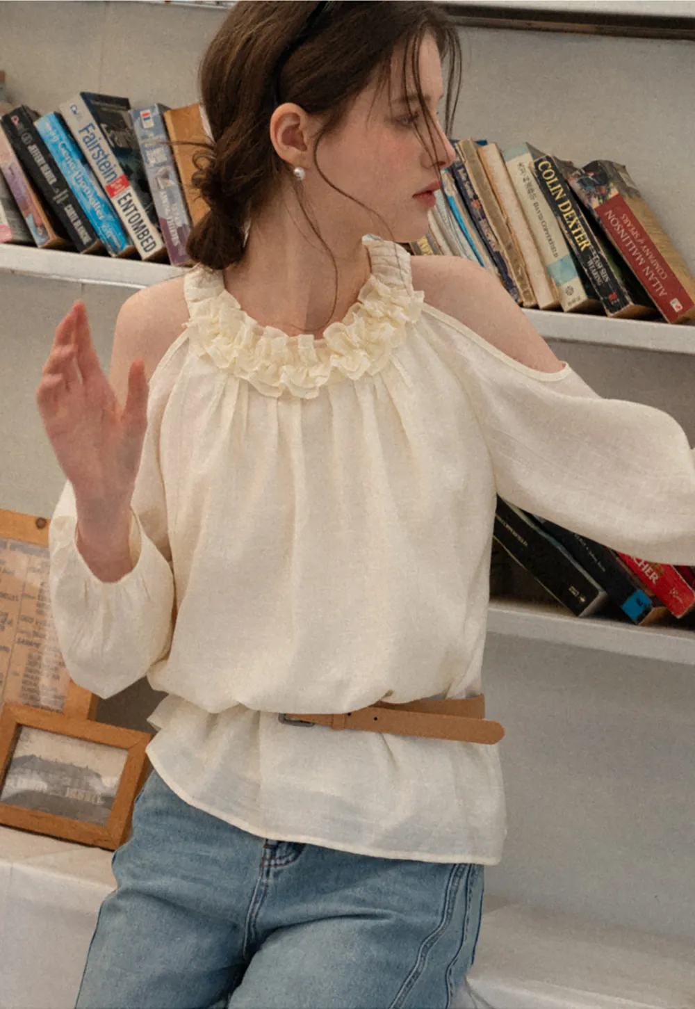 Lace Chiffon Blouse with Ruffled Neck and Cold Shoulder