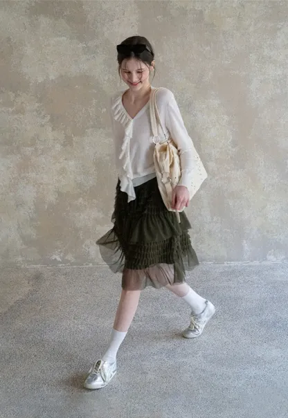 Tiered Ruffled Sheer Skirt with Drawstring Waist