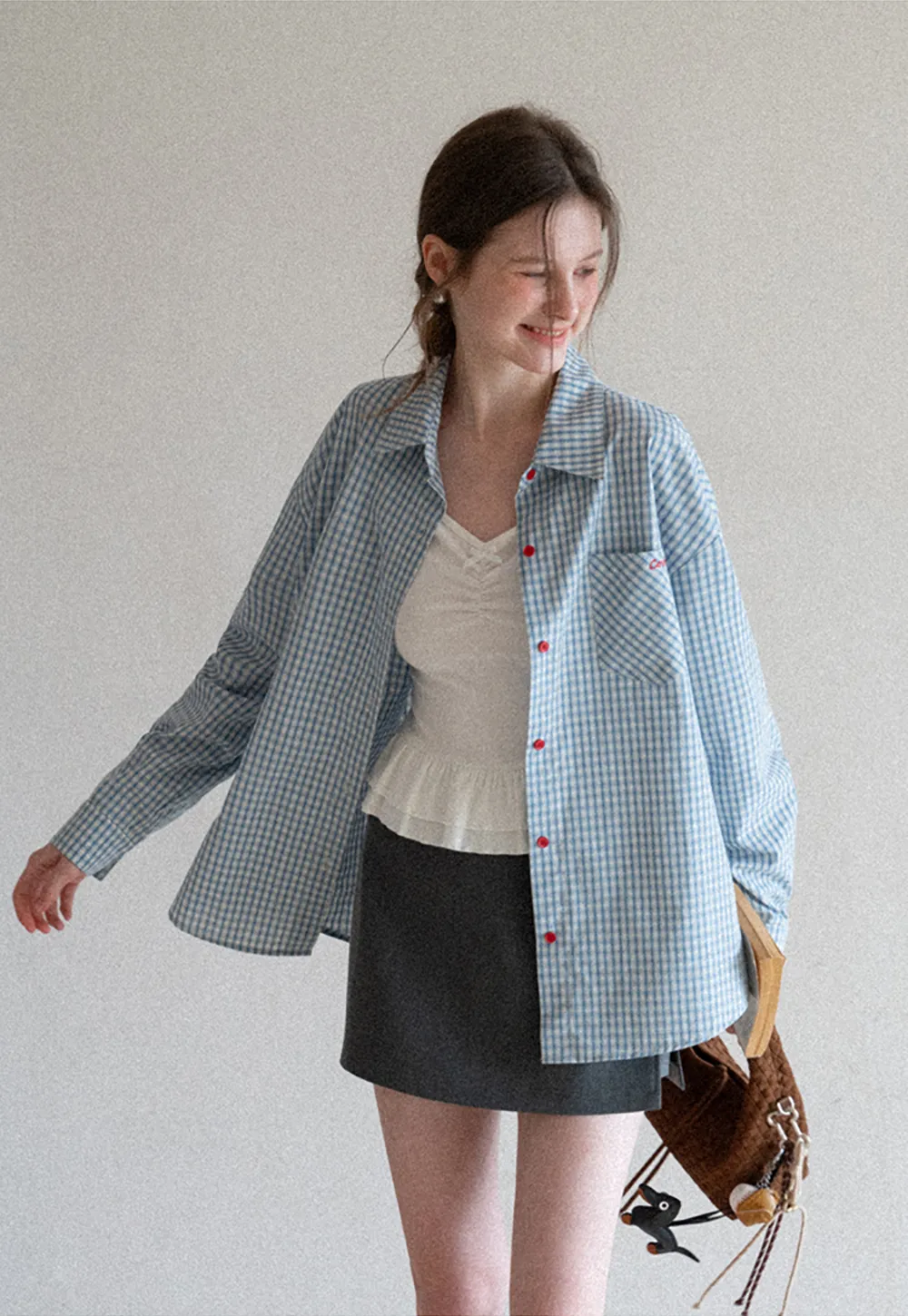 Oversized Checkered Button Up Shirt with Pocket Design