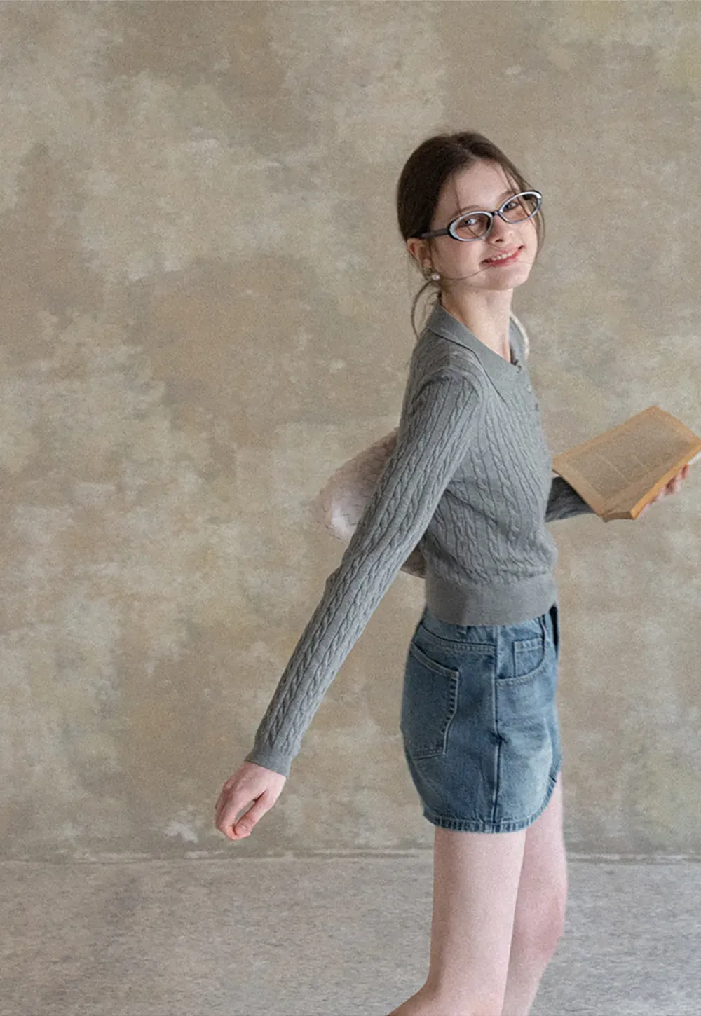 Cable Knit Long Sleeve Polo Neck Cropped Sweater