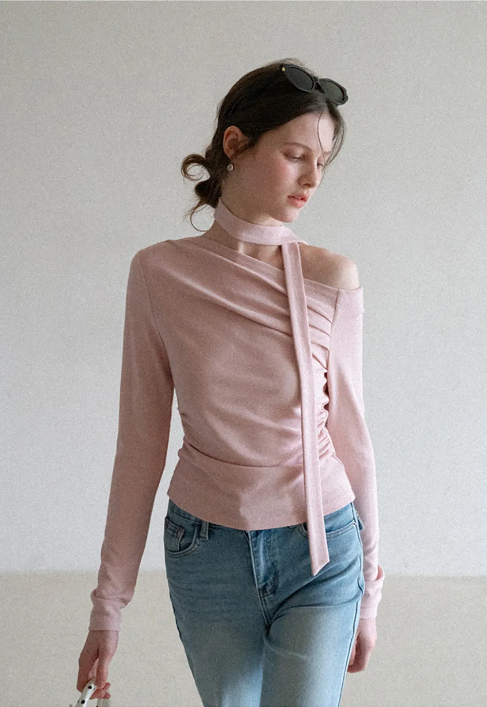 Long sleeve off shoulder top with neck tie detail