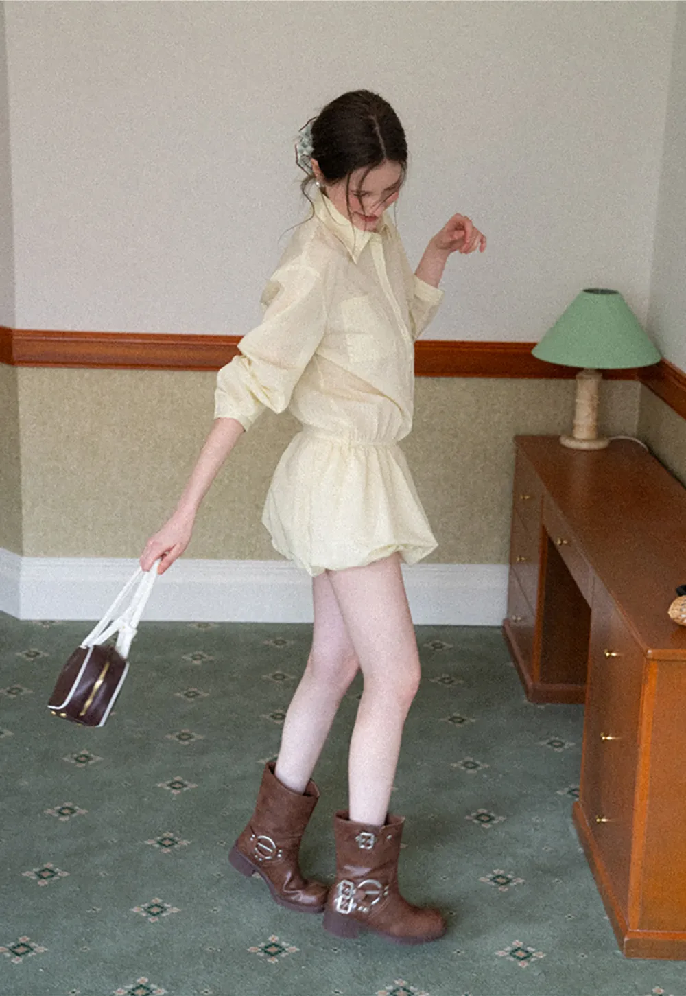 Button Front Shirt Dress with Pleated Pocket and Elastic Waist