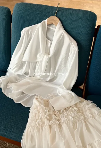 Ribbed Long Sleeve Shirt with Tie Neck Detail