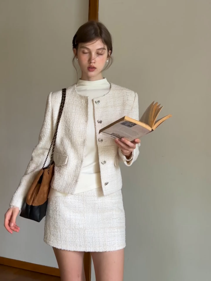 Women Elegant Tweed Skirt Suit Set with Crop Jacket