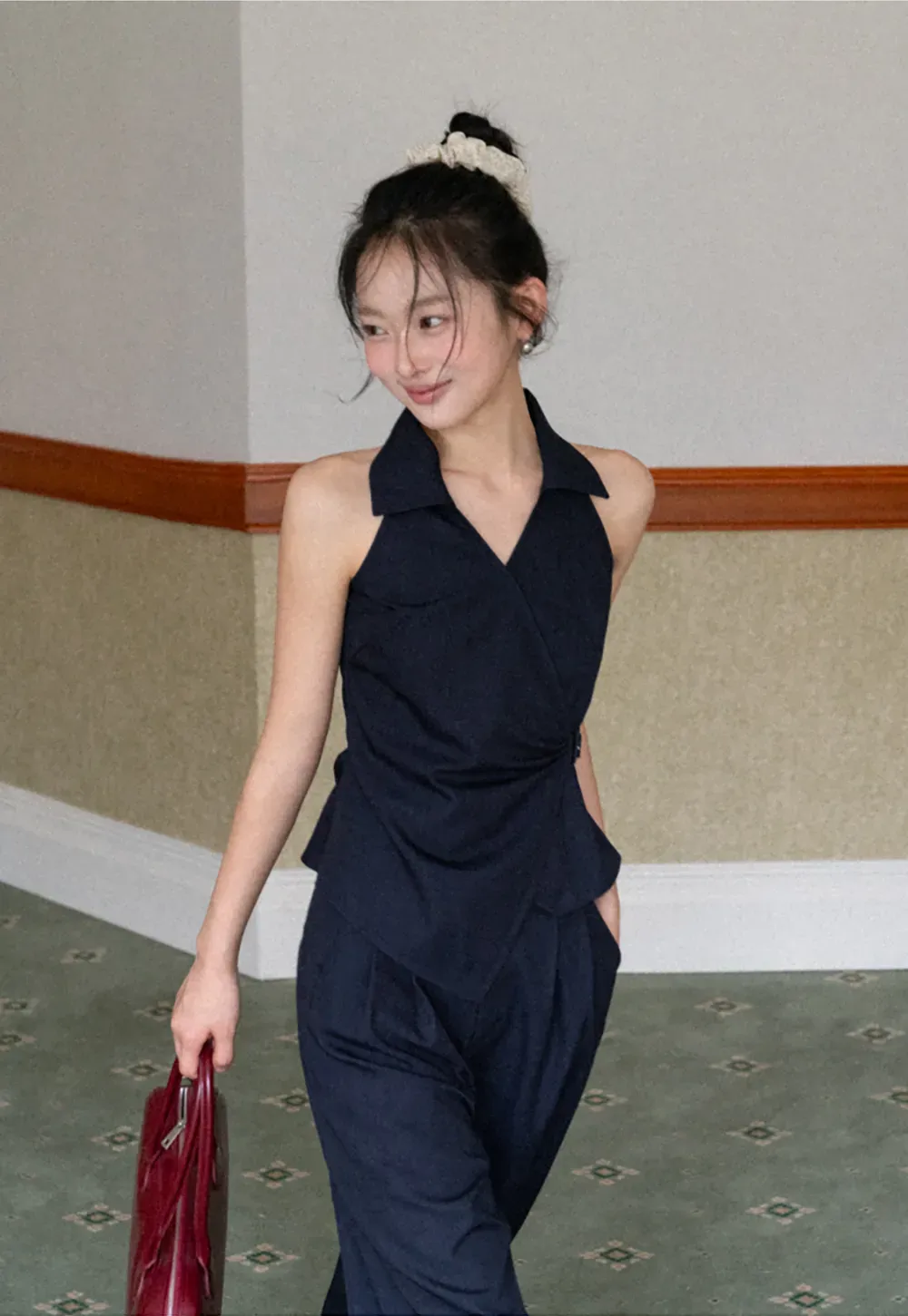 Sleeveless Collared Top with Wrap Detail and Wide Leg Pants