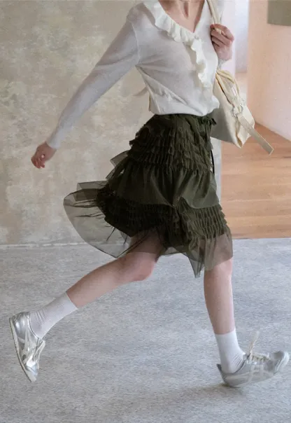 Tiered Ruffled Sheer Skirt with Drawstring Waist