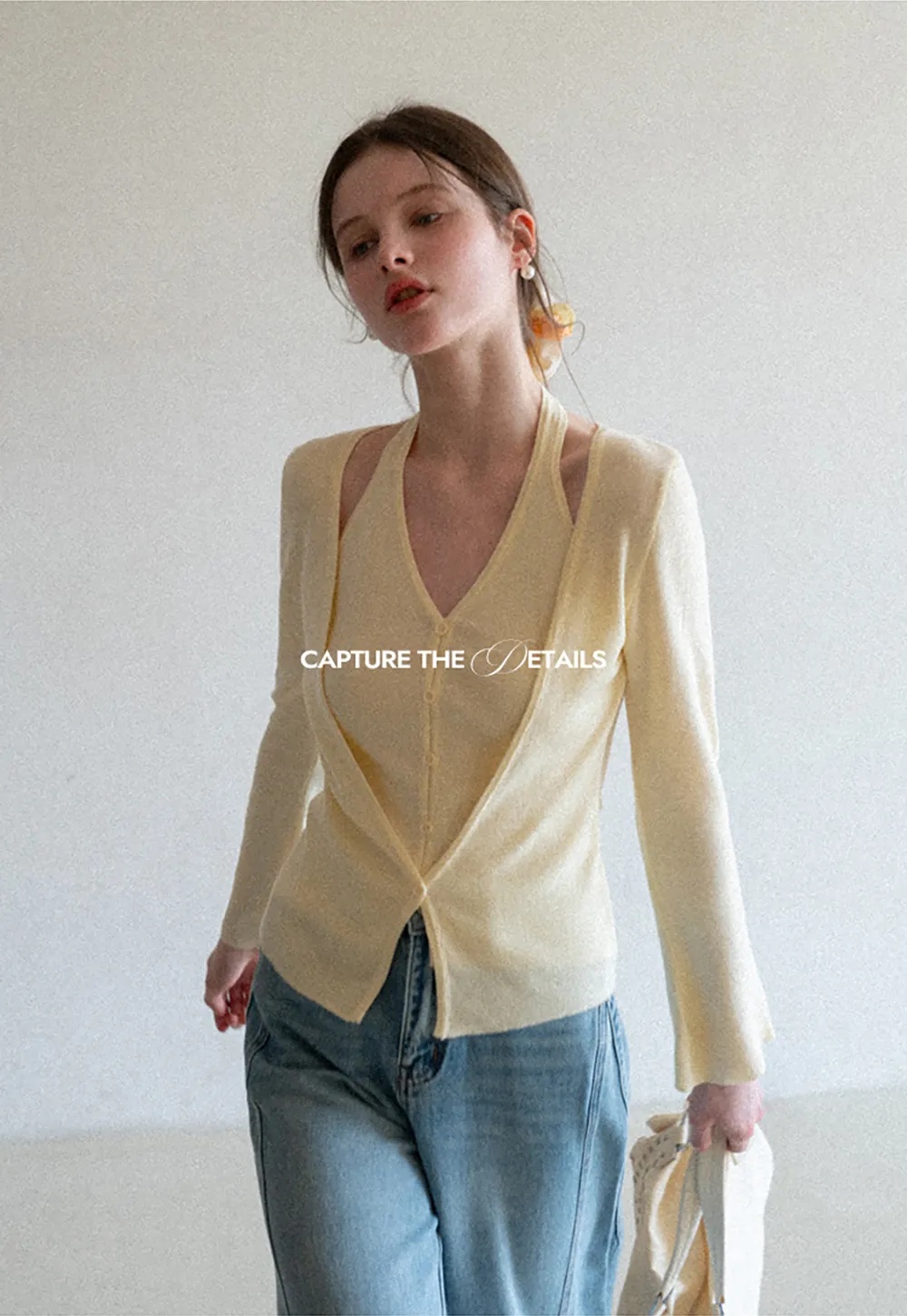 V neck long sleeve knit cardigan with open shoulders