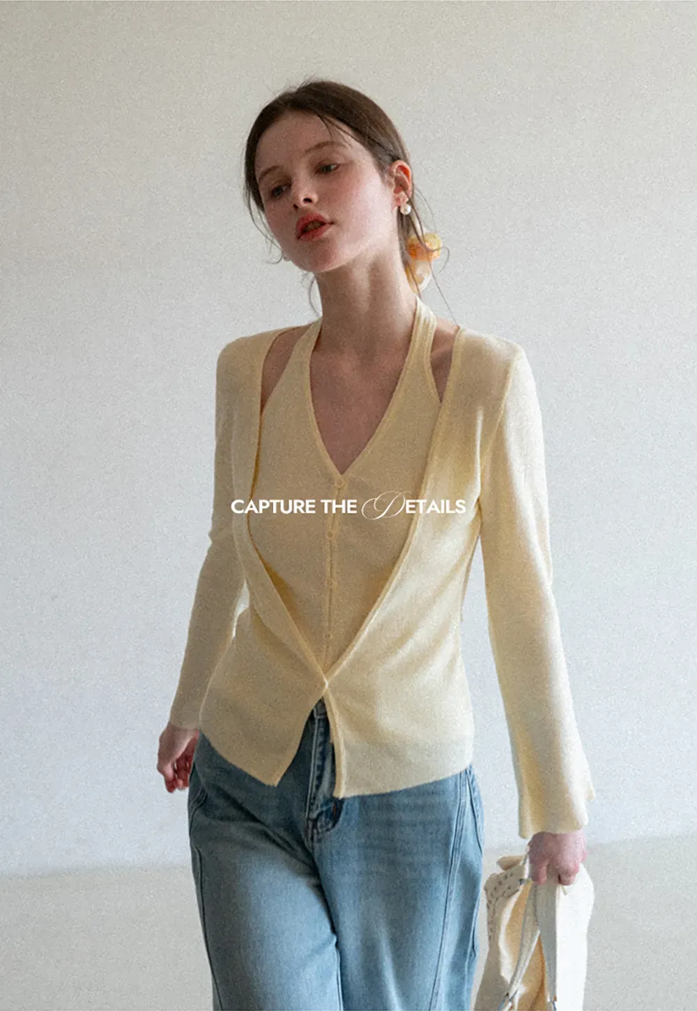 V neck long sleeve knit cardigan with open shoulders