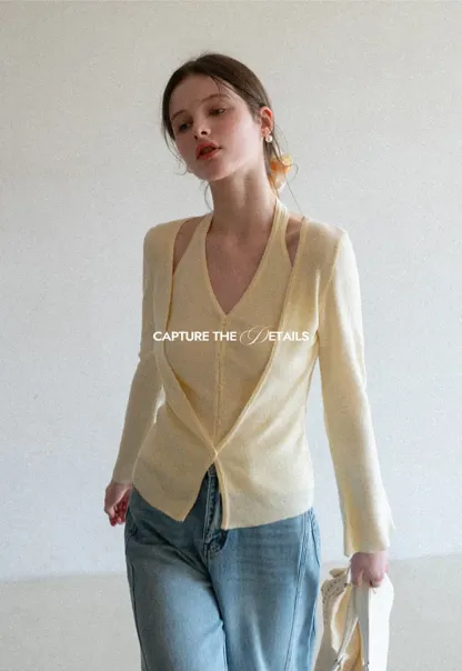 V neck long sleeve knit cardigan with open shoulders