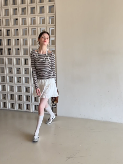 Long sleeve striped top with halter neck detail