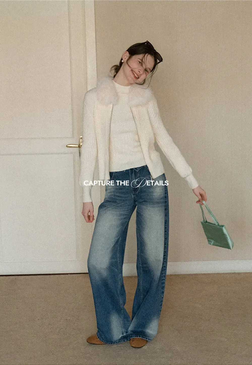 Ribbed knit sweater with fur collar detail