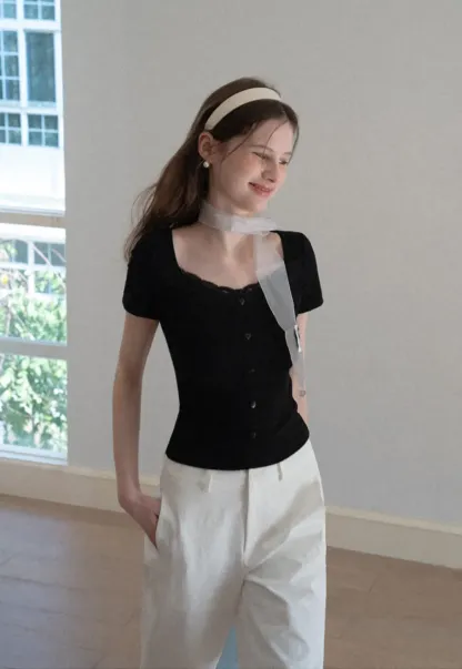 Short Sleeve Button Front Top with Lace Trim