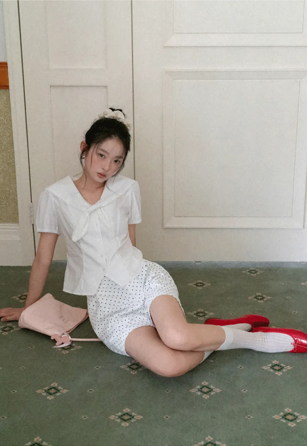 Short Sleeve Shirt with Collar and Bow Detail