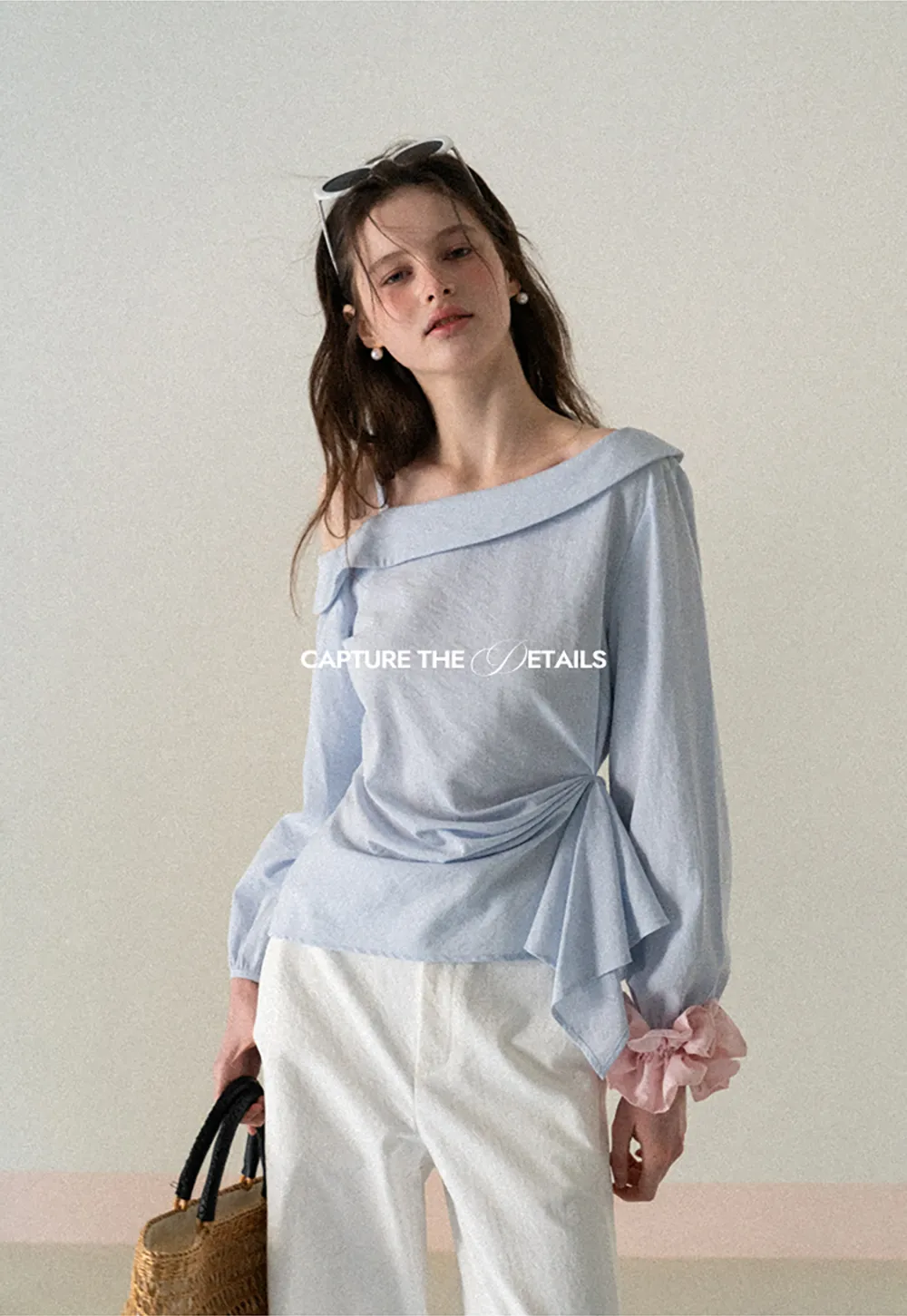 Off Shoulder Shirt with Ruched Sleeve Detail