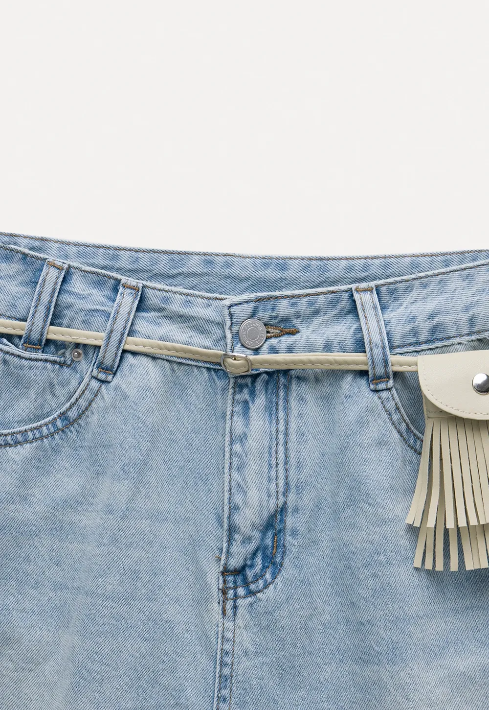 Fringed Belted Distressed Denim Shorts