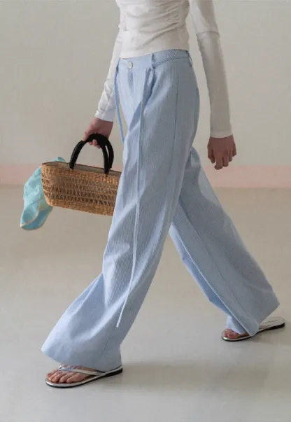 Wide Leg Pleated Casual Pants with Drawstring Waist