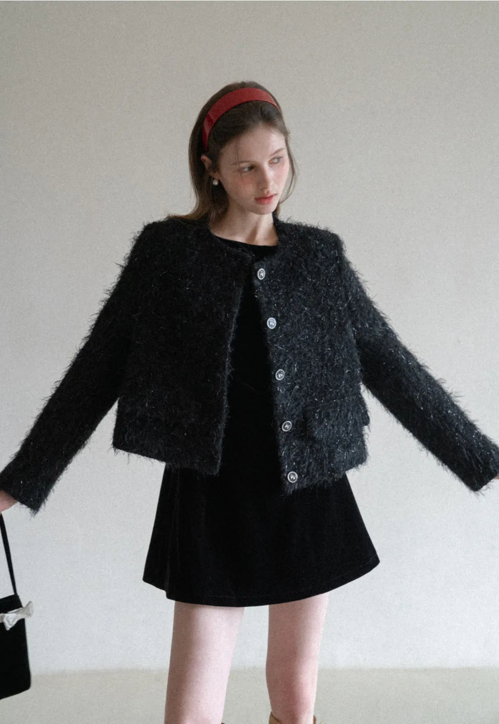 Fuzzy Knit Short Jacket with Button Detail