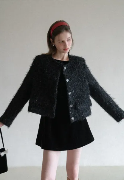 Fuzzy Knit Short Jacket with Button Detail
