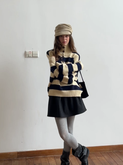 Striped Button-Down Sweater with Cozy Collar