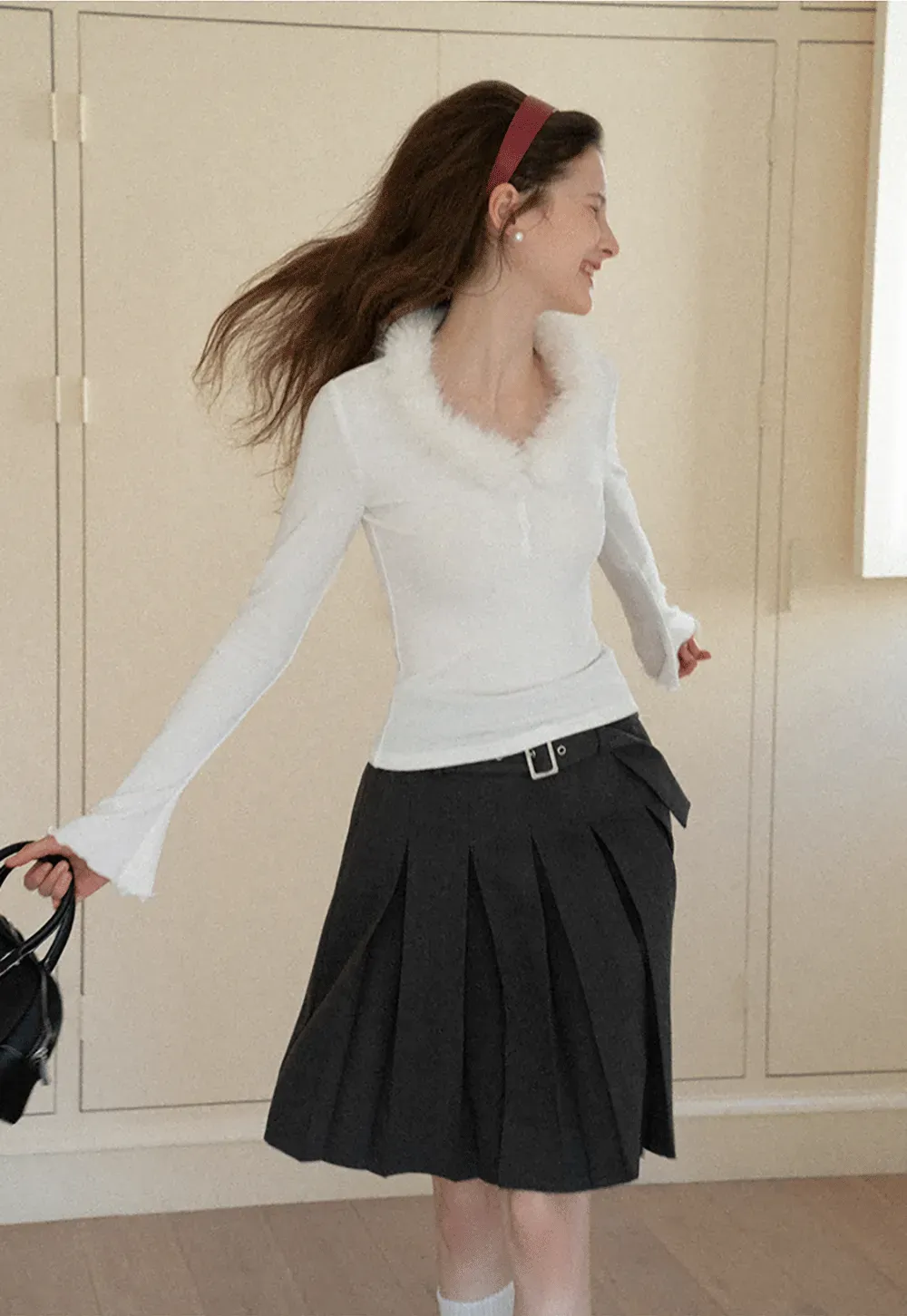 Pleated A Line Skirt with Belt Detail