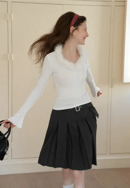 Pleated A Line Skirt with Belt Detail