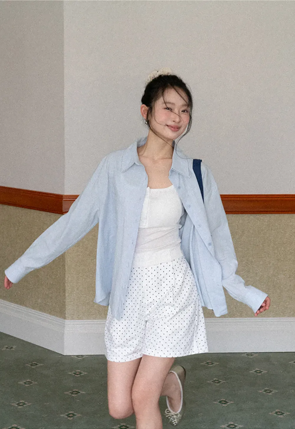 Lightweight long sleeve button front shirt with lace trim