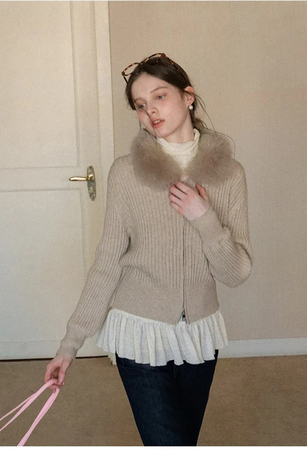 floral dot long sleeve top with ruffle hem